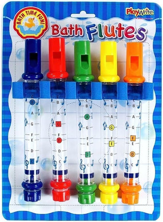 Set of 5 colourful bath water flutes in packaging – sensory bath toy for musical water play and auditory development.