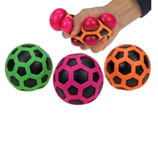 Orange Hex-Mesh Ball being squeezed with Green and Pink Sensory Stress Balls