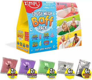 Zimpli Mega Baff Pack featuring 2 Gelli Baff, 2 Smelli Gelli Baff, 2 Slime Baff, and 6 Crackle Baff sachets, displayed in colourful packaging, perfect for sensory bath time fun