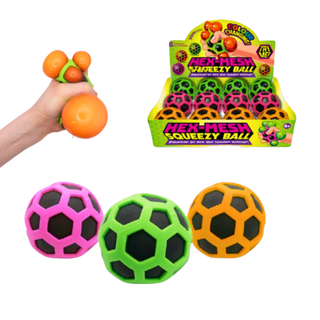 Green Hex-Mesh Ball being squeezed alongside Orange and Pink Fidget Balls