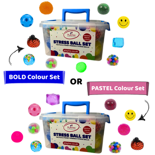 Set of colourful stress balls available in bold or pastel shades, perfect for stress relief, sensory play, and fidgeting – stress ball collection.
