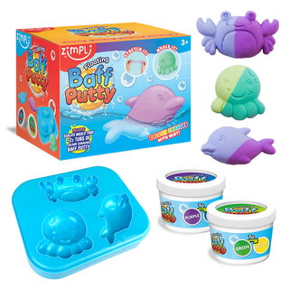 Zimpli Baff Putty box with all contents displayed, including colourful mouldable putty and accessories.