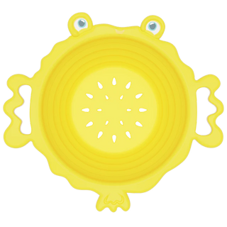 Bright yellow silicon puffer fish strainer, featuring an expandable design and playful Glo Pals character, ideal for sensory play and bath time fun.