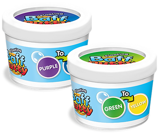 Two tubs of Zimpli Baff Putty, reusable sensory bath putty for kids.