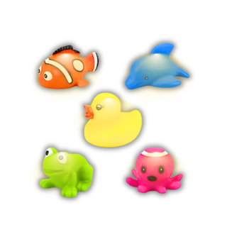 Set of five flashing LED bath toys glowing on a white background – includes duck, clownfish, dolphin, octopus, and frog.