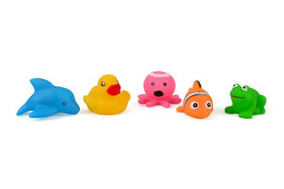 Five colourful bath toy animals – duck, dolphin, frog, octopus, and clownfish – shown without lights on white background.