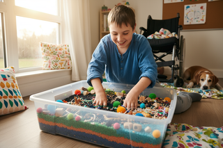 DIY sensory bin filled with rice and sensory toys for tactile exploration and sensory play