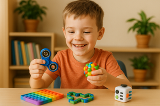 boy playing with fidget toys including a fidget spinner, stress ball and fidget cube to support focus and sensory regulation
