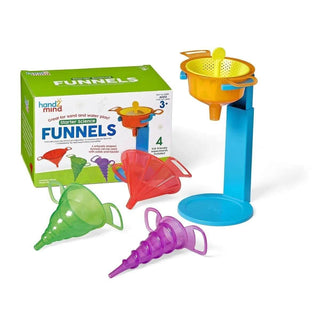 Sensory funnel set for kids with adjustable stand and four funnels for water, sand and STEM play.