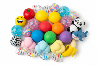 Assorted stress balls including foam, gel-filled, textured and novelty squeeze toys arranged for comparison in a UK sensory toy guide