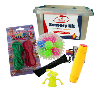 Sensory kits for children including fidget toys and stress balls used for calm and focus support