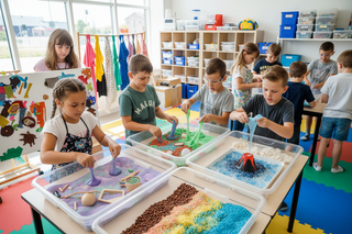 children engaging in sensory play activity with tactile materials and sensory exploration
