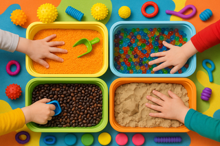child's hands exploring sensory bin filled with colourful sensory materials