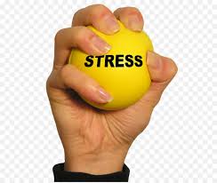 A hand squeezing a yellow stress ball with the word stress written on the stress ball.