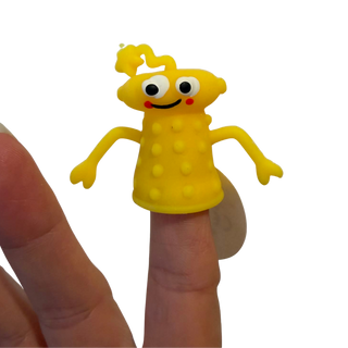 Yellow finger fidget on a person's finger against a white background