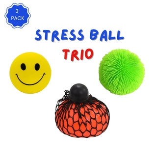 Stress ball trio set including mesh stress ball, smiley stress ball, and puffer stress ball (3 pack sensory stress balls for stress relief and focus)