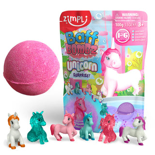 Zimpli Kids Baff Bombz Unicorn Surprise Classic Unicorn 100g bath bomb in packaging, perfect gift for kids and unicorn lovers