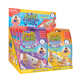 Zimpli Smelli Gelli Baff powder packets in Bubblegum and Tutti Frutti scents, showcasing the vibrant packaging for a sensory bath experience.