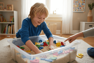 alphabet sensory bin diy with an autism older child looking in the rice
