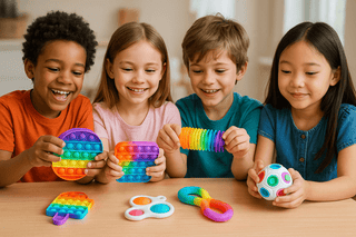 Children using Playinc sensory fidget toys in the UK – stress balls, tactile cubes, and quiet ADHD toys for focus and calm