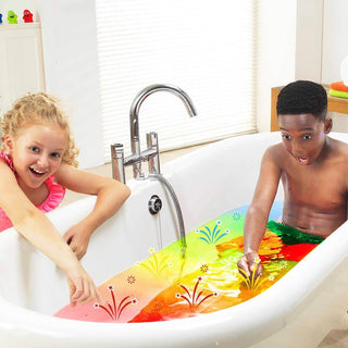 Two children playing with Zimpli Baff sensory bath toys, enjoying colorful, mess-free bath play — ideal for autism and ADHD-friendly sensory fun
