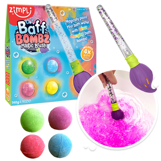 Zimpli Baff Bombz Magic Brush Bath Toy - Colourful fizzing bath bombs with a magic paintbrush, transforming bathwater into a vibrant sensory play experience.