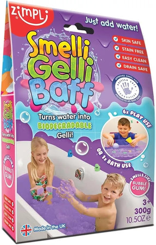 Zimpli Smelli Gelli Baff Bubblegum scented powder package, showcasing vibrant packaging for a fun and sensory bath experience.