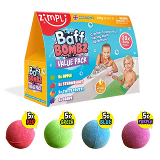 Zimpli Baff Bombz Value Pack box – 20 colourful scented bath bombs for kids’ sensory bath play by Zimpli Kids.